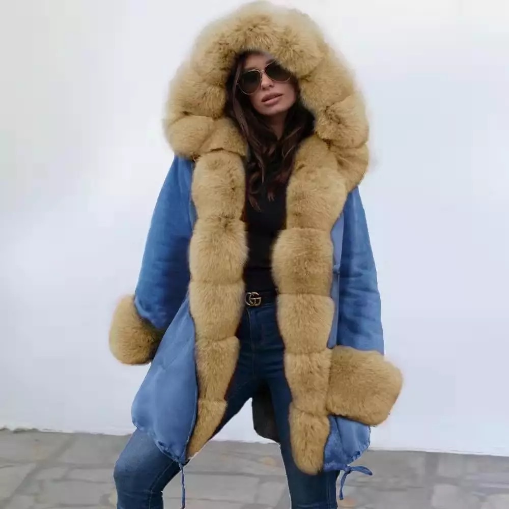 2019 Denim Blue Winter Dress Hooded Woman Coat